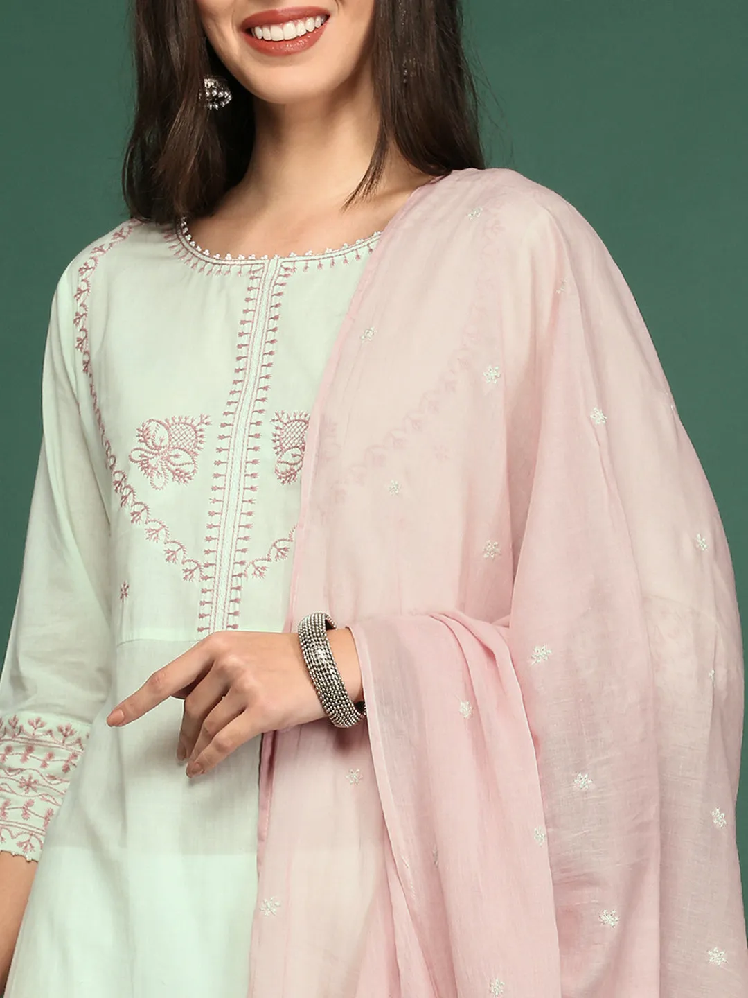 Women's Green Embroidered A-Line Kurta