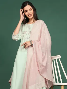 Women's Green Embroidered A-Line Kurta