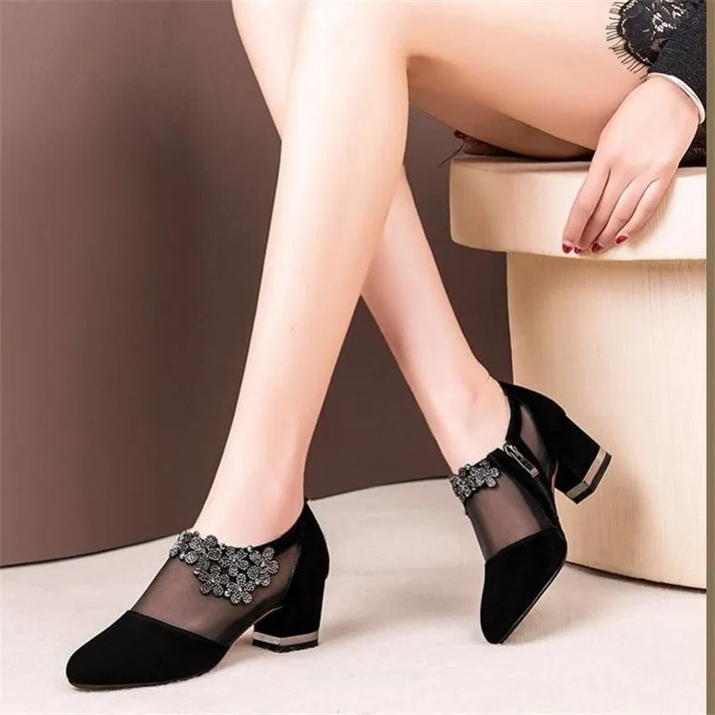 Women's Mesh High Heels Chunky Heeled Breathable Pointed Toe Faux Rhinestone Sandals