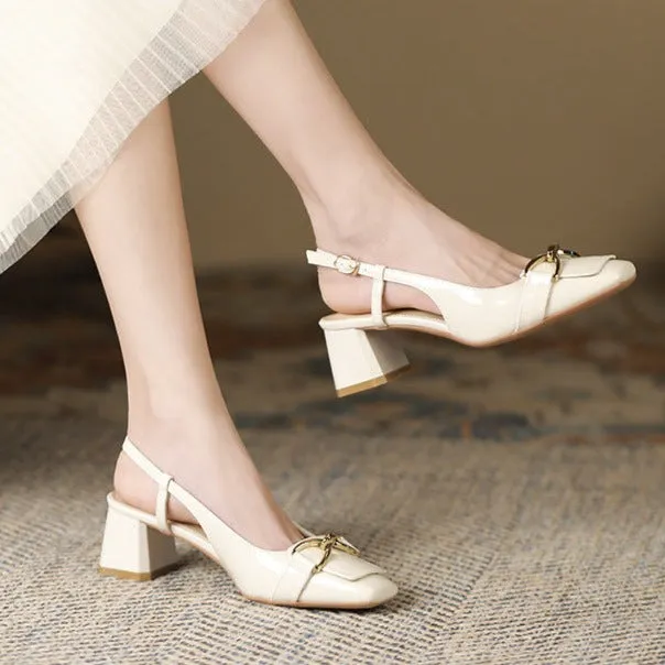 Womens Metal Buckle Decoration Square Toe Slingback Pumps