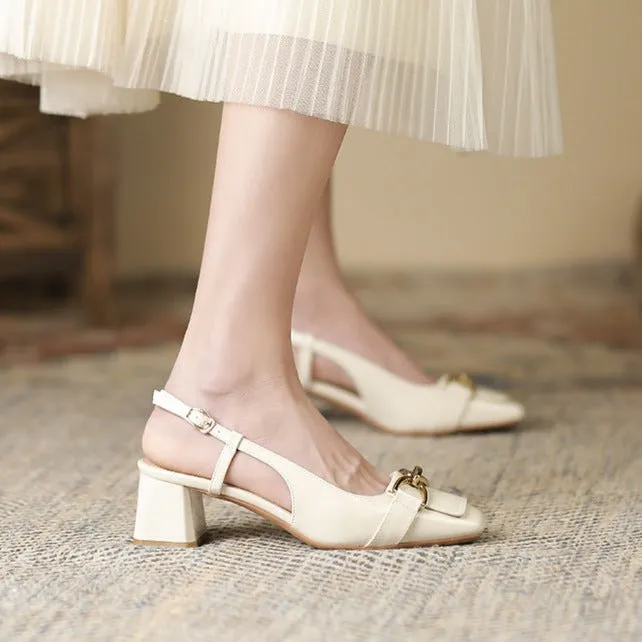 Womens Metal Buckle Decoration Square Toe Slingback Pumps