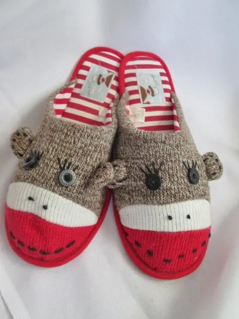 Womens NICK & NORA SOCK MONKEY Slippers Shoe 8-10.5 Slides BROWN RED