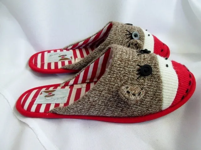 Womens NICK & NORA SOCK MONKEY Slippers Shoe 8-10.5 Slides BROWN RED