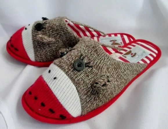 Womens NICK & NORA SOCK MONKEY Slippers Shoe 8-10.5 Slides BROWN RED