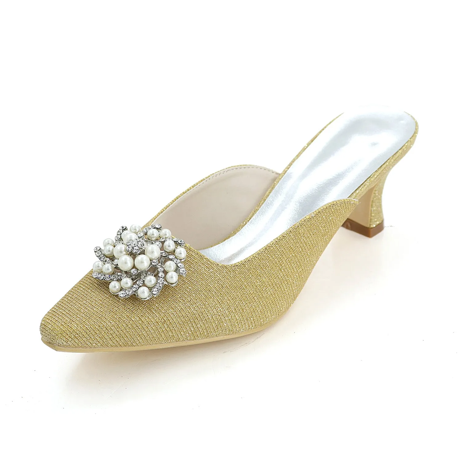 Women's Satin Chunky Heel Pumps With Imitation Pearl Wedding Shoes Bridal Shoes