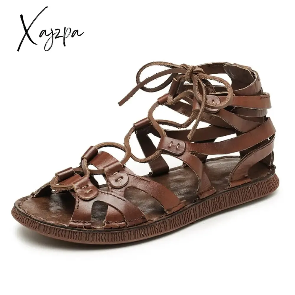 Xajzpa - Men's Summer Sandals Genuine Leather Gladiator Fashion Ankle Shoes Men Retro Flats Breathable Sandal Chaussures