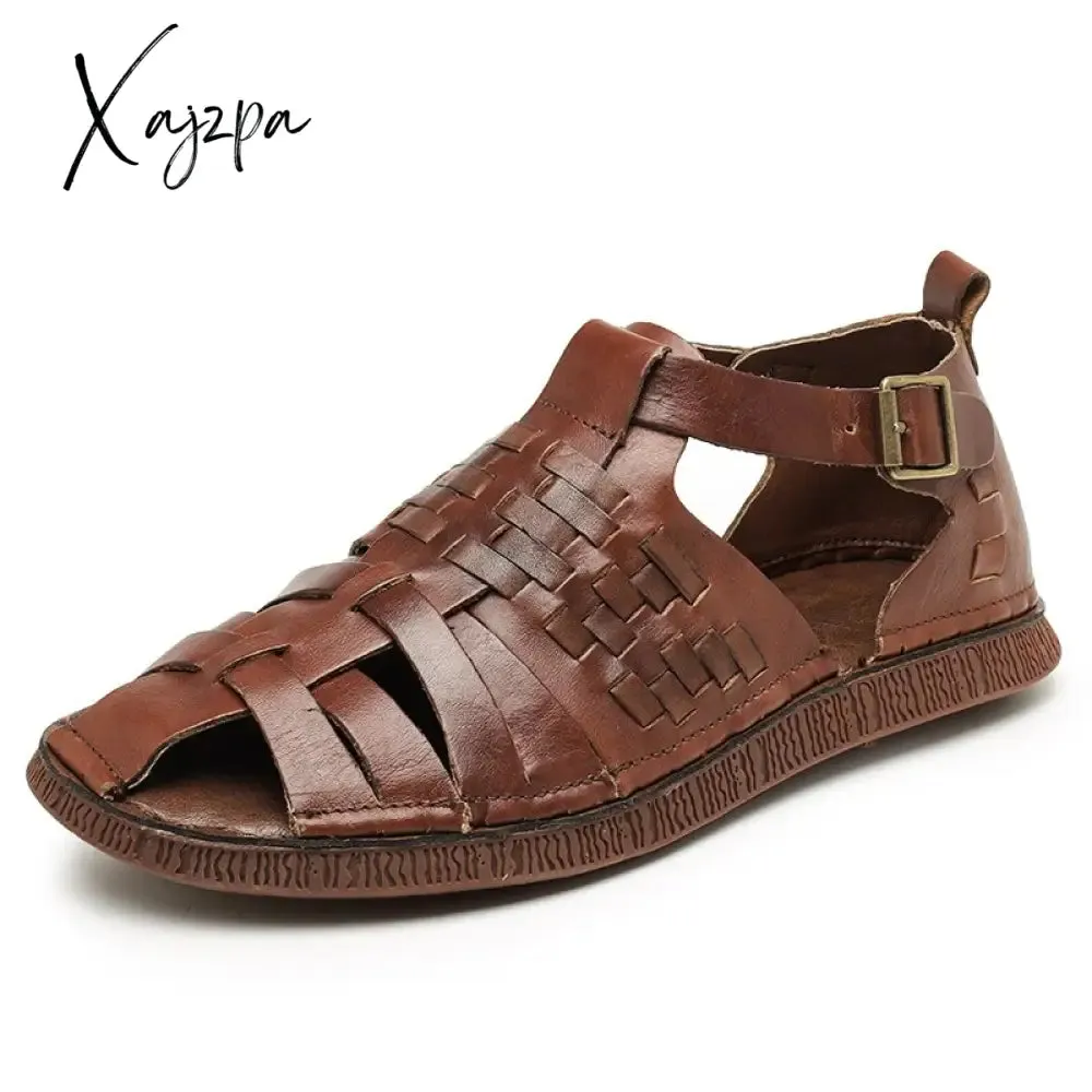 Xajzpa - Men's Summer Sandals Genuine Leather Gladiator Fashion Ankle Shoes Men Retro Flats Breathable Sandal Chaussures