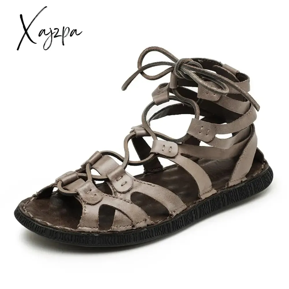 Xajzpa - Men's Summer Sandals Genuine Leather Gladiator Fashion Ankle Shoes Men Retro Flats Breathable Sandal Chaussures