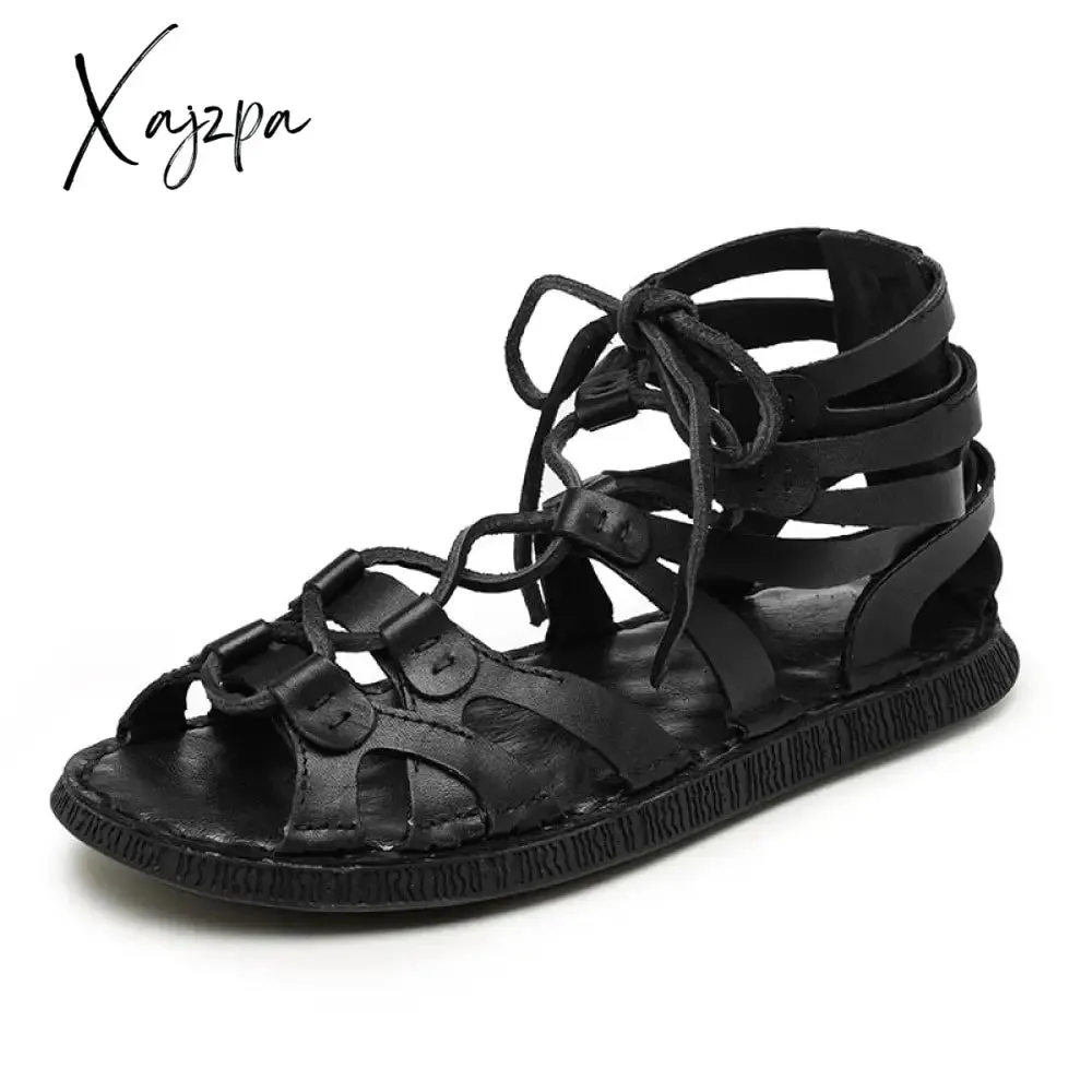 Xajzpa - Men's Summer Sandals Genuine Leather Gladiator Fashion Ankle Shoes Men Retro Flats Breathable Sandal Chaussures