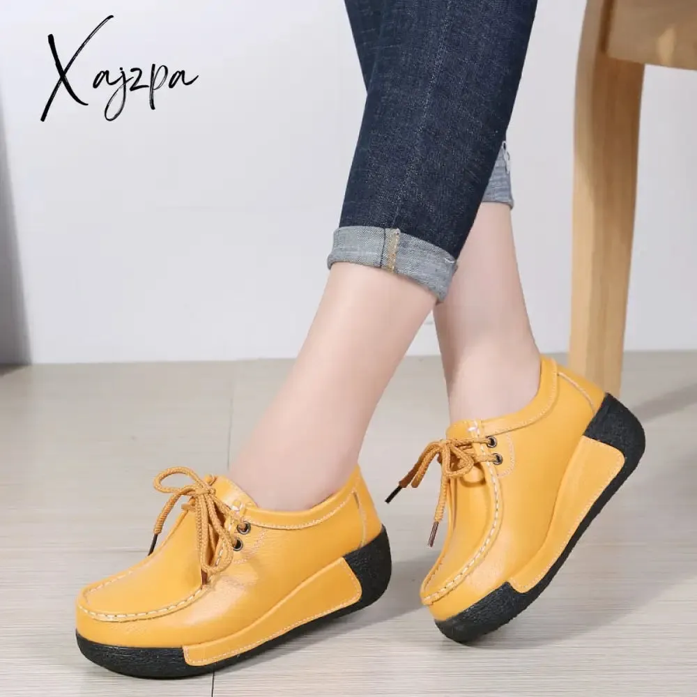 Xajzpa - Woman Breathable Leather Lace-up Sneakers Women Fashion Black Soft Casual Shoes Female Women Flats Comfortable Loafers Shoes