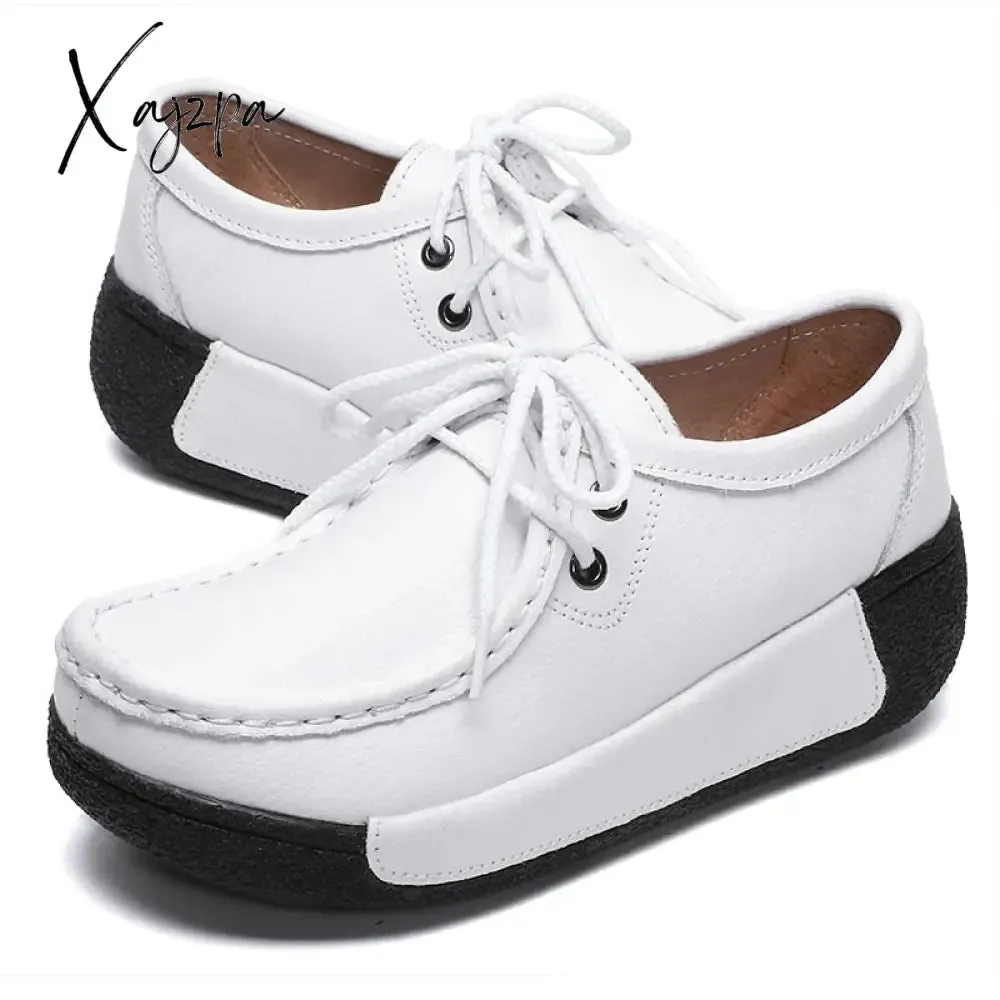 Xajzpa - Woman Breathable Leather Lace-up Sneakers Women Fashion Black Soft Casual Shoes Female Women Flats Comfortable Loafers Shoes