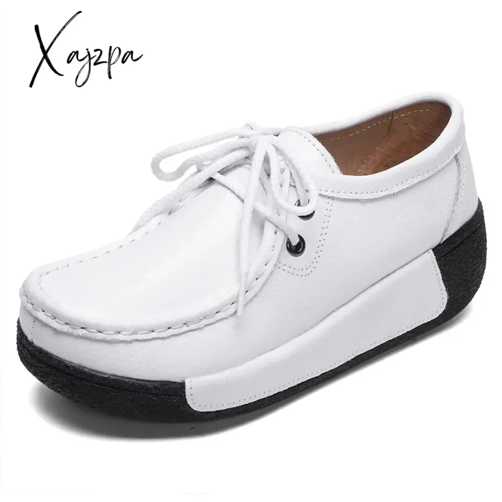 Xajzpa - Woman Breathable Leather Lace-up Sneakers Women Fashion Black Soft Casual Shoes Female Women Flats Comfortable Loafers Shoes