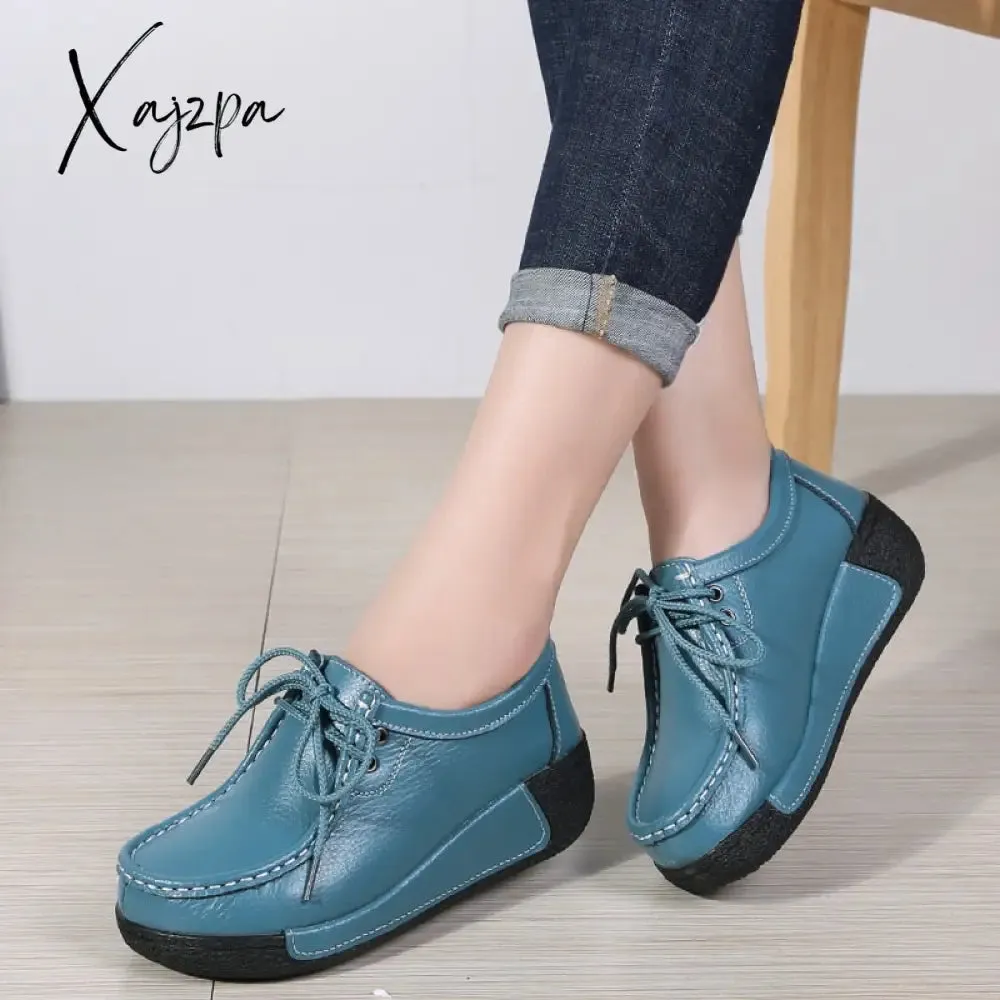 Xajzpa - Woman Breathable Leather Lace-up Sneakers Women Fashion Black Soft Casual Shoes Female Women Flats Comfortable Loafers Shoes