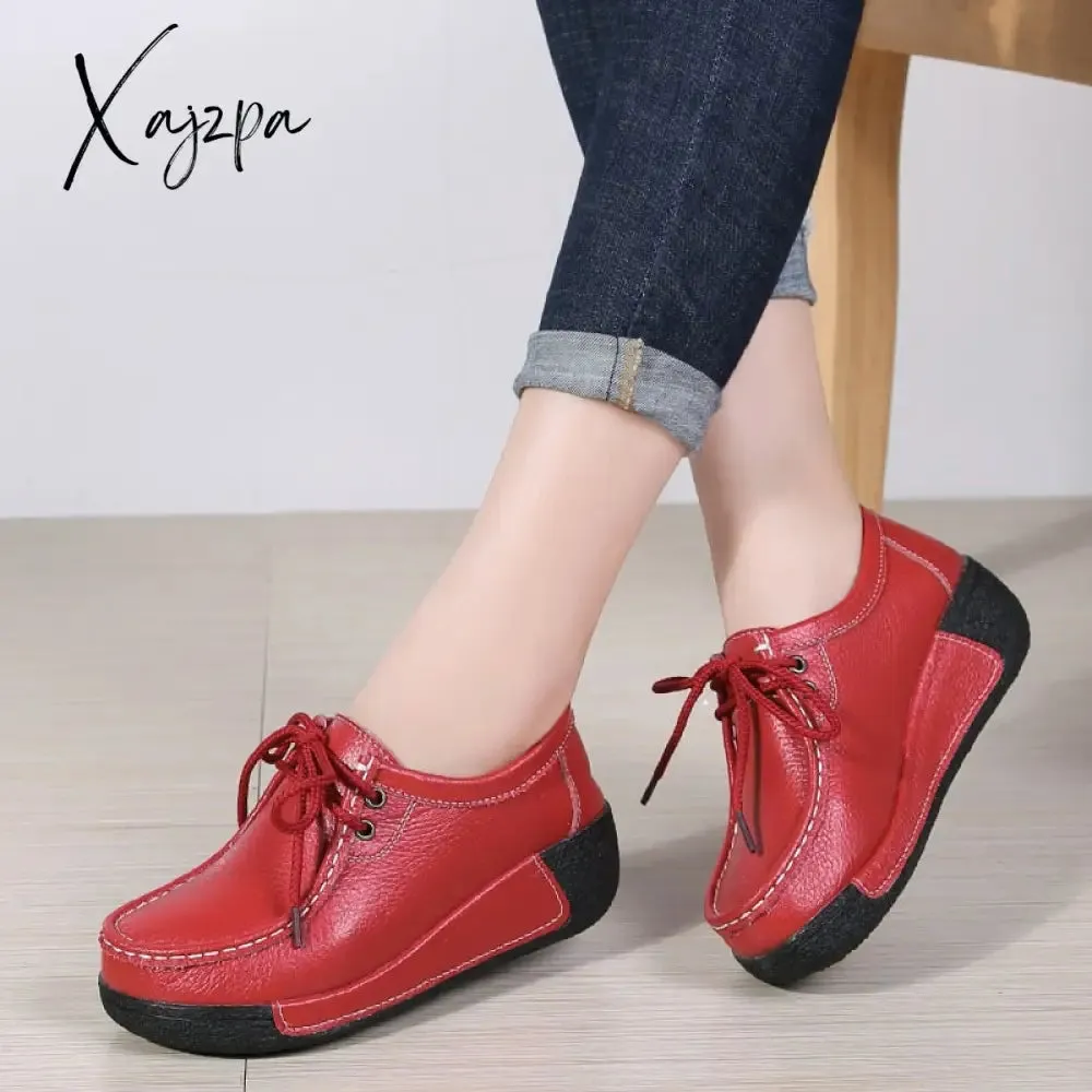 Xajzpa - Woman Breathable Leather Lace-up Sneakers Women Fashion Black Soft Casual Shoes Female Women Flats Comfortable Loafers Shoes