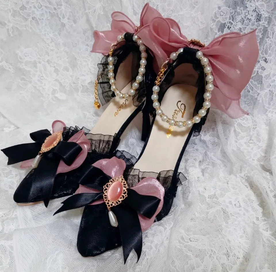 xiangtuibao Lolita Bridal Wedding Stiletto High Heels 6-8cm Shoes Bow Lady Girls Sweet Pointed Toe Princess Kawaii Tea Party Cute Lo Shoes