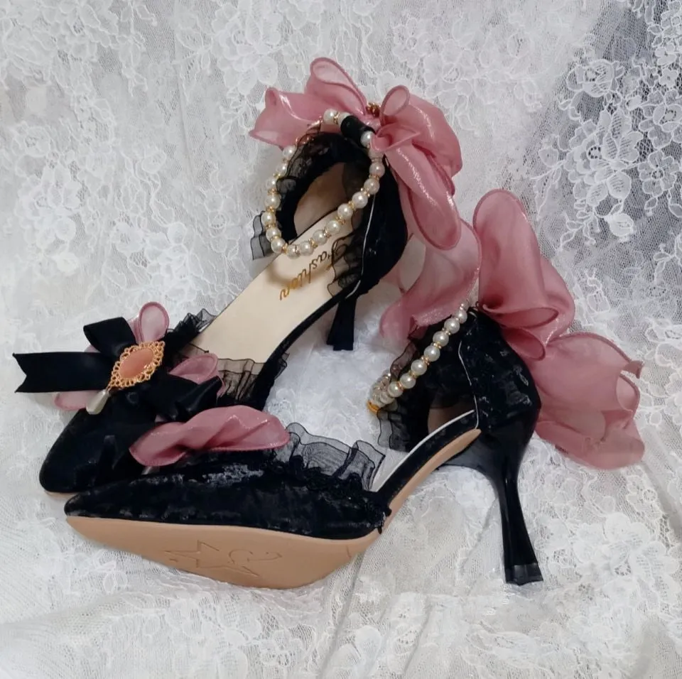 xiangtuibao Lolita Bridal Wedding Stiletto High Heels 6-8cm Shoes Bow Lady Girls Sweet Pointed Toe Princess Kawaii Tea Party Cute Lo Shoes