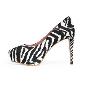 Zebra Print Women's Heels, Best Black White Stripe Animal Print 4 inch Platform Heels